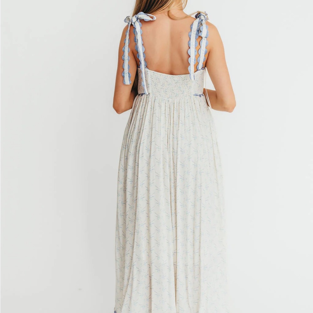 Ivory and Blue Scalloped Trim ric rac Maxi Dress worth collective size small - Picture 2 of 10
